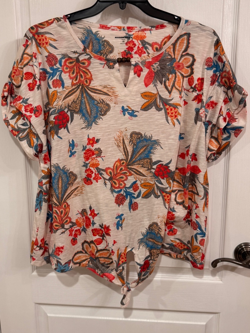 Allison Daley Cream Floral Tie-Front Short Sleeve Top